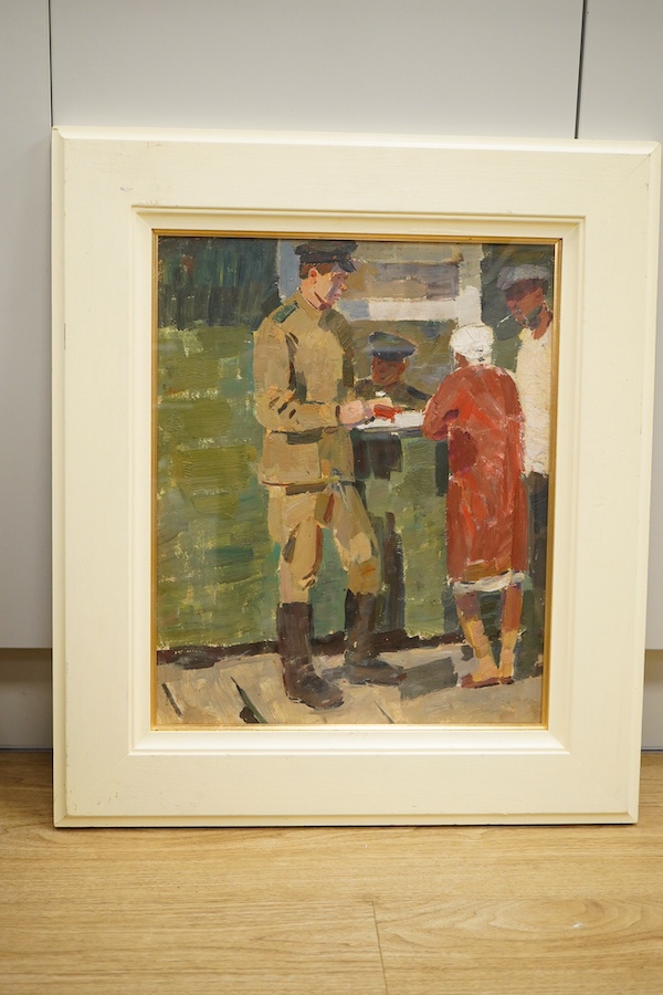 Shpainko ?, Study of civilians and a gentleman in military dress, unsigned, oil, 47 x 37cm